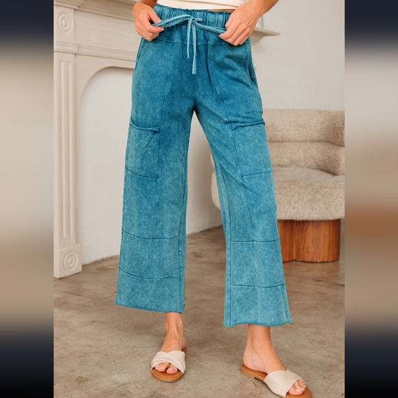 Boutique Teal Mineral Wash Pants with Raw Hem and Patch Pockets - Picture 4 of 6